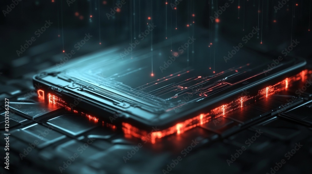 Poster Futuristic Smartphone Design with Neon Elements and Data Streams, Showcasing Technology Concepts and Modern Digital Aesthetics in a Sci-Fi Style