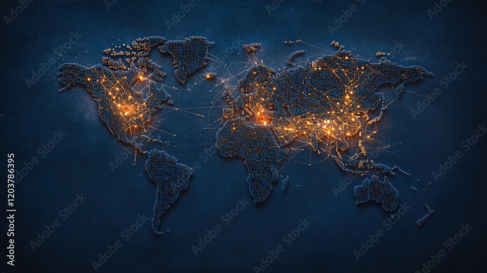 Aufkleber Global Connectivity Concept Illustration Featuring Illuminated Network Lines on a Dark Background Representing Technological Advancements and Data Exchange Across Continents