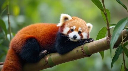 Red Panda Resting on Bamboo Branch