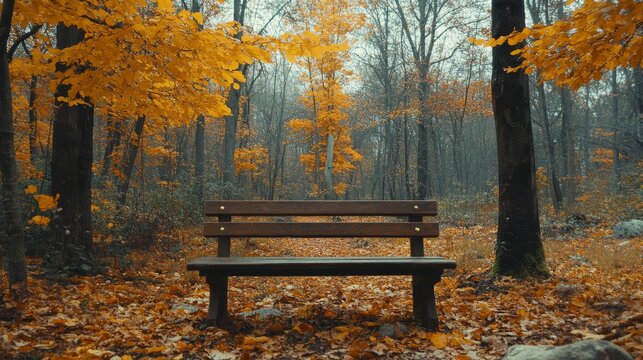 A Tranquil Autumn Scene with a Wooden Bench Amidst a Forest of Golden Leaves, creating a Serene and Peaceful ambiance