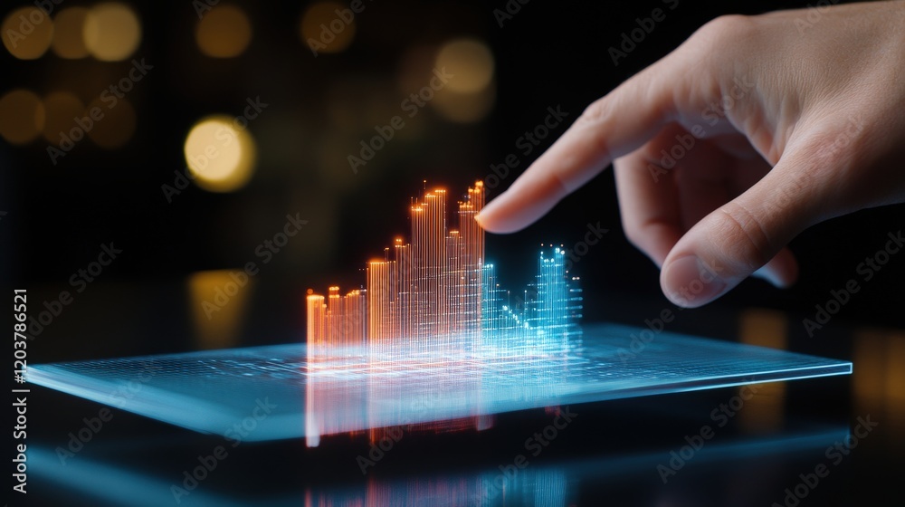 Aufkleber Holographic Data Visualization with Finger Touching Graph, Abstract Digital Technology Concept in Modern Business Environment with Colorful Statistical Analysis