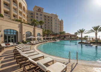 Fototapeta premium Luxury Hotel Poolside Relaxation: Sunbeds and Swimming Pool