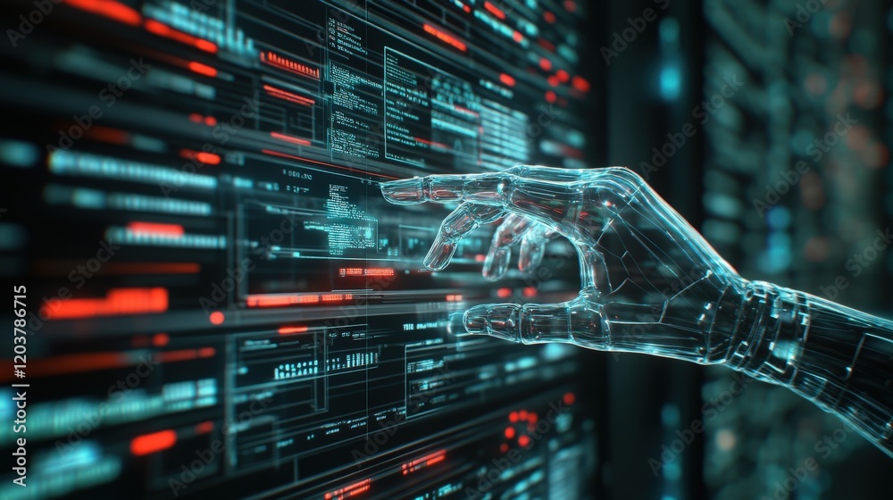 Poster Futuristic Transparent Hand Interacting with Digital Data Display in a High-Tech Environment, Representing Technology, Innovation, and Artificial Intelligence