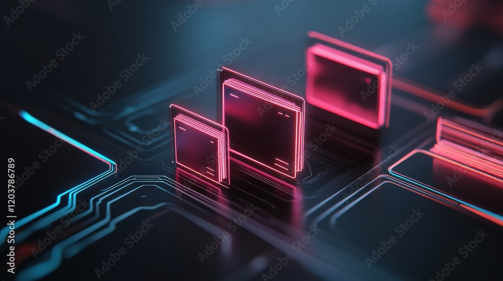 Aufkleber Abstract digital technology background featuring glowing rectangular shapes and intricate circuit patterns in vibrant pink and blue hues, creating a futuristic atmosphere