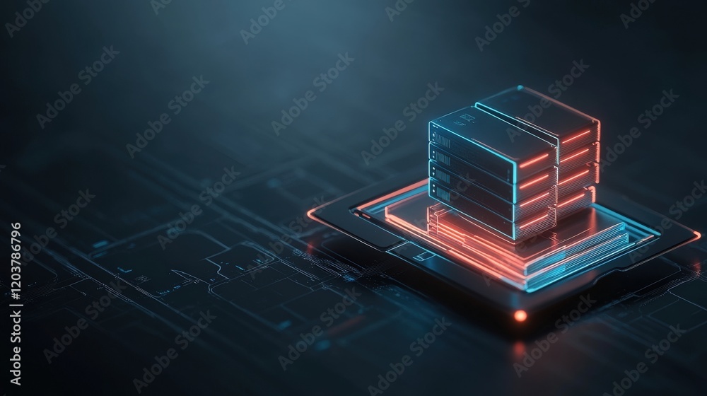 Poster Futuristic Data Storage Technology with Neon Lights Representing Digital Connectivity and Cybersecurity in a Modern Computing Environment