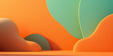 Dramatic cinematic style Modern flat 3D abstract wallpaper background in warm terracotta and cool teal. Soft golden hour lighting, smooth subtly textured simple 2D shapes.