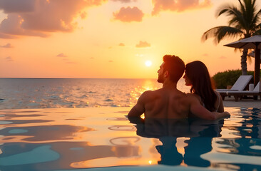 Beach vacation for a couple in a luxury hotel, banner on the background of copyspace, a man and a woman relaxing by the pool at sunset. Selective focus, blurred background.