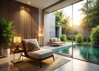 Fototapeta premium Luxury Pool Villa Bedroom: Relaxing Chair & Table by the Water