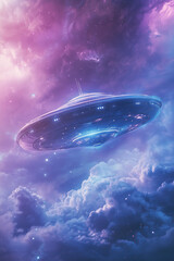 Obraz premium a futuristic UFO flying through a dreamy and ethereal sky, surrounded by vibrant pink and purple clouds, glowing lights emanating from the spacecraft, showcasing a sense of mystery 