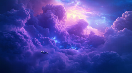 a futuristic UFO flying through a dreamy and ethereal sky, surrounded by vibrant pink and purple clouds, glowing lights emanating from the spacecraft, showcasing a sense of mystery 