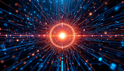 Digital Network Orange Core Blue Lines Futuristic Technology Abstract