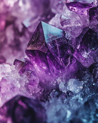 Fototapeta premium a close-up view of vibrant purple amethyst crystals with sharp geometric formations and intricate textures, surrounded by a glowing pink and blue gradient background, themes of geology, mineral study
