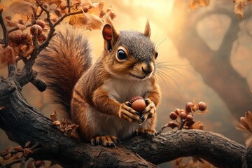 A captivating autumn scene depicts a red squirrel diligently gathering acorns in a sun-dappled forest, showcasing its innate instinctual behavior in preparation for the harsh winter ahead This image