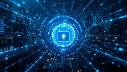 Cybersecurity Digital Lock Glowing Blue Cityscape Background