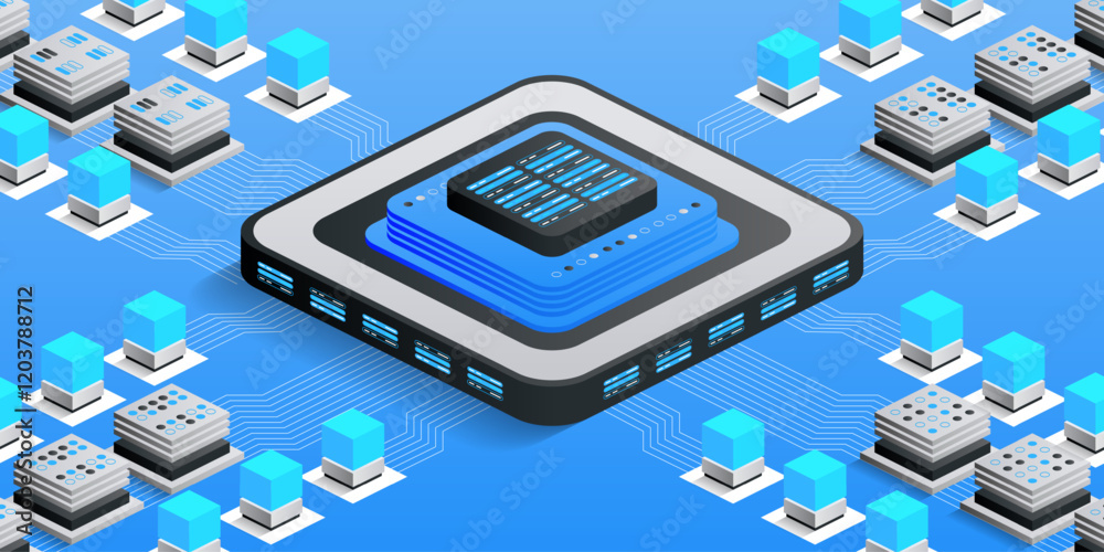 Poster advanced data network. high-performance data center network with interconnected servers and processo