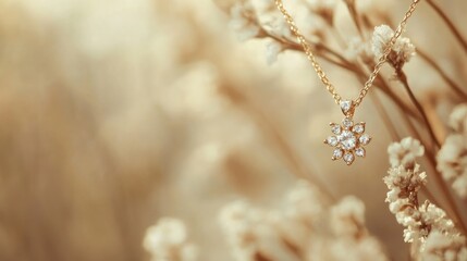 Fototapeta premium A gold necklace with an elegant pendant on a soft beige background.