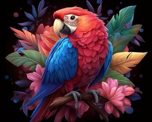 Fototapeta premium A vibrant scarlet macaw parrot, perched majestically in a stylized zoo enclosure, is creatively enveloped by swirling neon pink, blue, and green hues, abstract geometric patterns, and tropical floral