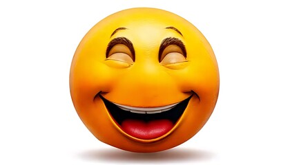 Fototapeta premium A smiling orange emoji with closed eyes is rendered in a realistic style.