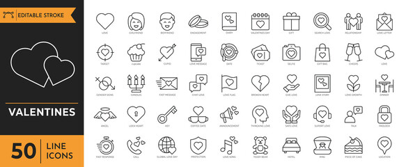 Valentines icon set. Containing heart, couple, cupid, passion, valentine, dating and more. Vector illustration