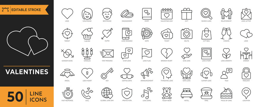 Valentines icon set. Containing heart, couple, cupid, passion, valentine, dating and more. Vector illustration