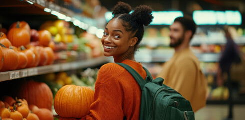 Woman with curly hair in an orange sweater joyfully holds a pumpkin while browsing through produce in a grocery store during the autumn season.