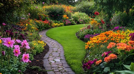 Obraz premium Colorful Flower Garden Path Winding Through Blooms