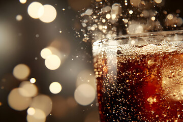 Close-up shot of a fizzy cola drink with ice, bubbles rising to the surface against a bokeh background.