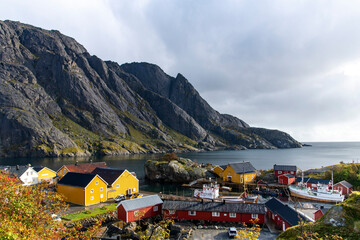 High angle view over the harbor of Nusfjord, Norway, a traditional fishing village on Lofoten...