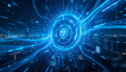 Cybersecurity Shield Digital Cityscape Glowing Lines Abstract Design