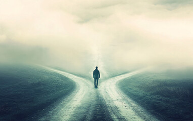 Atmospheric Illustration of a Person Standing at a Misty Crossroads, Symbolizing Decisions, Choices, and the Journey of Life