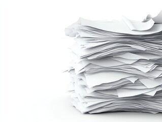 A stack of printer paper, detailed texture, highly realistic, bright white, isolated on white background