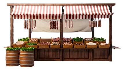 Obraz premium an image of a village meat market with a wooden counter decorated with various types of meat, sausages and delicacies