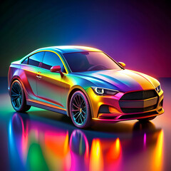 A modern sports car with a vibrant iridescent paint job.