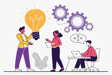Business team, brainstorming, lightbulb made of speech bubbles, creative ideas, collaboration, diverse professionals, flat illustration style, vibrant colors, minimalist background, conceptual design