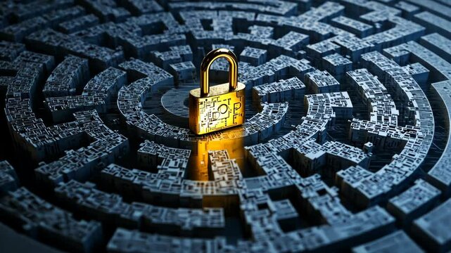 A golden padlock is placed in the center of an intricate circular maze made up entirely from binary code, symbolizing data security and cyber dystopia. 
