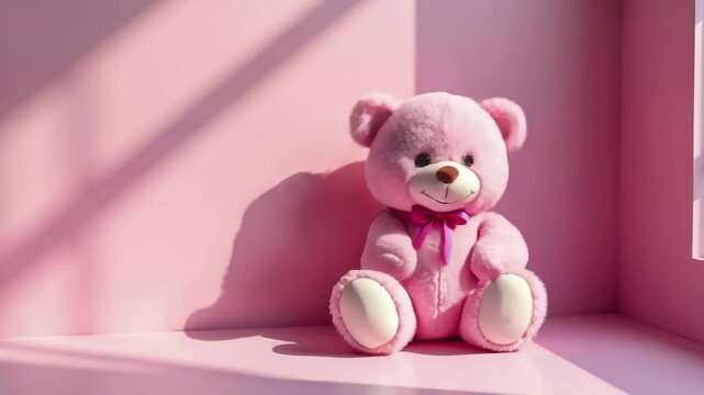 Cute smiling pink teddy bear doll in pink room. Background with shadow reflection. Playful bright pink bear sitting. Teddy bear plush stuffed puppe