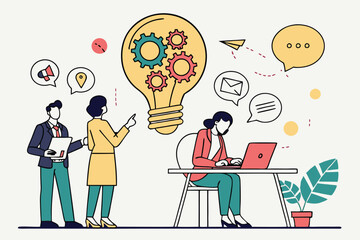 Obraz premium Business team, brainstorming, lightbulb made of speech bubbles, creative ideas, collaboration, diverse professionals, flat illustration style, vibrant colors, minimalist background, conceptual design