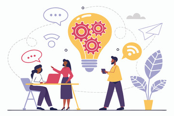 Business team, brainstorming, lightbulb made of speech bubbles, creative ideas, collaboration, diverse professionals, flat illustration style, vibrant colors, minimalist background, conceptual design