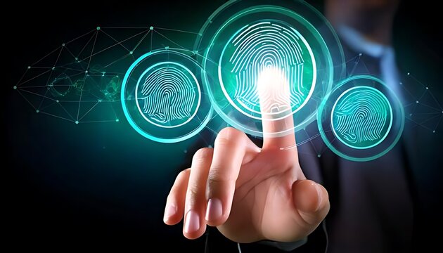 person activates a glowing fingerprint scan within a connected digital network.