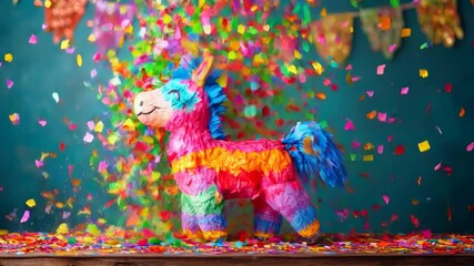 Vibrant сolorful donkey pinata jumping surrounded by bright confetti. Cinco de Mayo - Powered by Adobe