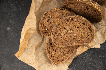 Cereal bread pieces whole grain bread product pieces fresh tasty food dish delicious gourmet food background on the table rustic food top view copy space