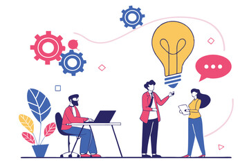 Business team, brainstorming, lightbulb made of speech bubbles, creative ideas, collaboration, diverse professionals, flat illustration style, vibrant colors, minimalist background, conceptual design