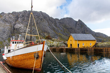 The harbor of Nusfjord, Norway, a traditional fishing village on Lofoten island chain archipelago...