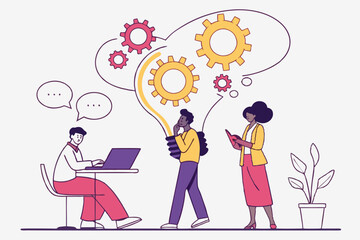 Business team, brainstorming, lightbulb made of speech bubbles, creative ideas, collaboration, diverse professionals, flat illustration style, vibrant colors, minimalist background, conceptual design