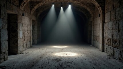 Fototapeta premium Ancient Stone Passageway Illuminated by Three Focused Lights Casting Dramatic Shadows on the Rough Ground