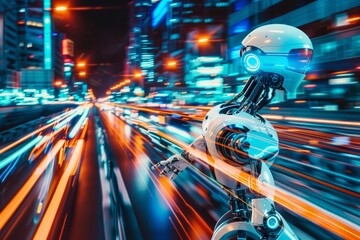 Futuristic police robot in high-speed chase through neon city streets