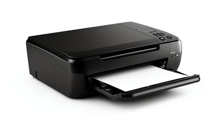 A desktop printer with open paper tray, photorealistic, black, isolated on white background