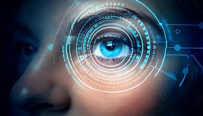 A blue eye is surrounded by a digital interface for advanced technology.