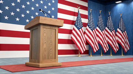 stage is set for a political event, featuring a wooden podium and a sea of American flags."