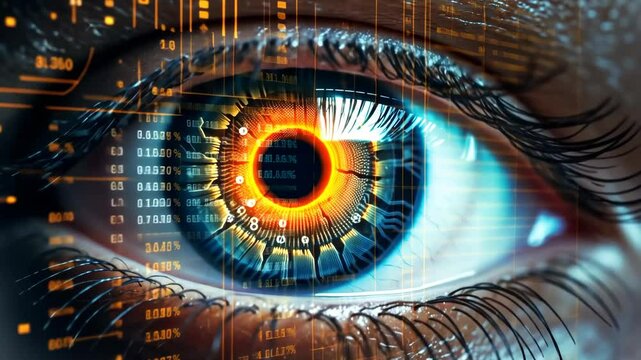 Macro view of eye with cybernetic iris, perfect for topics on surveillance, AI, biometric security, and futuristic technology in marketing materials. IT, digital world, computer data.